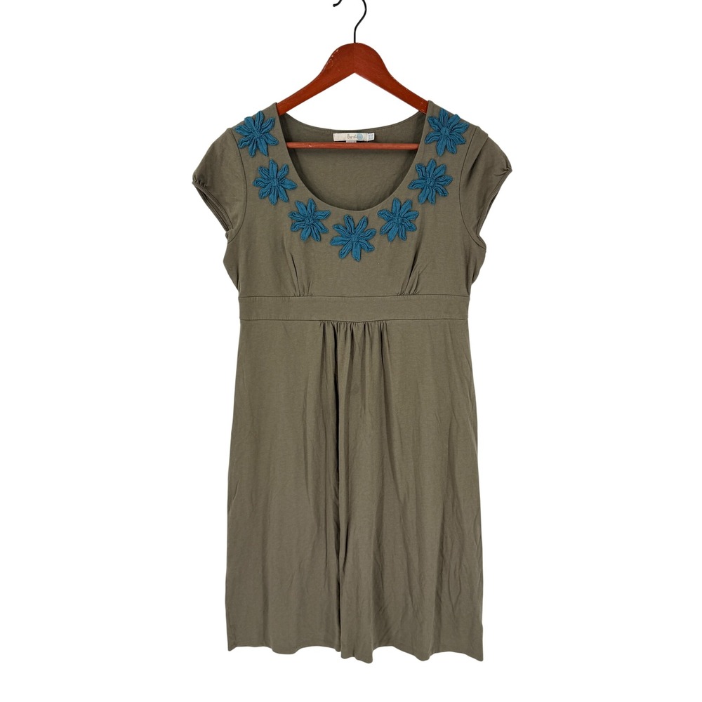Y2K Boden Dress Olive Green 10L Floral Applique Babyoll Earthy Boho Comfortable